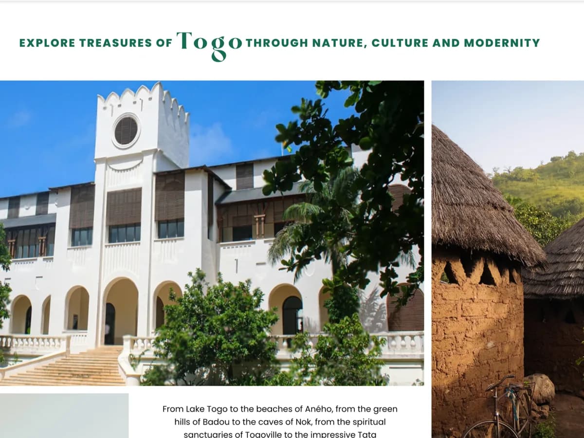 Destination Togo tourism interface pairing Palais de Lomé with Tata Tamberma dwellings.